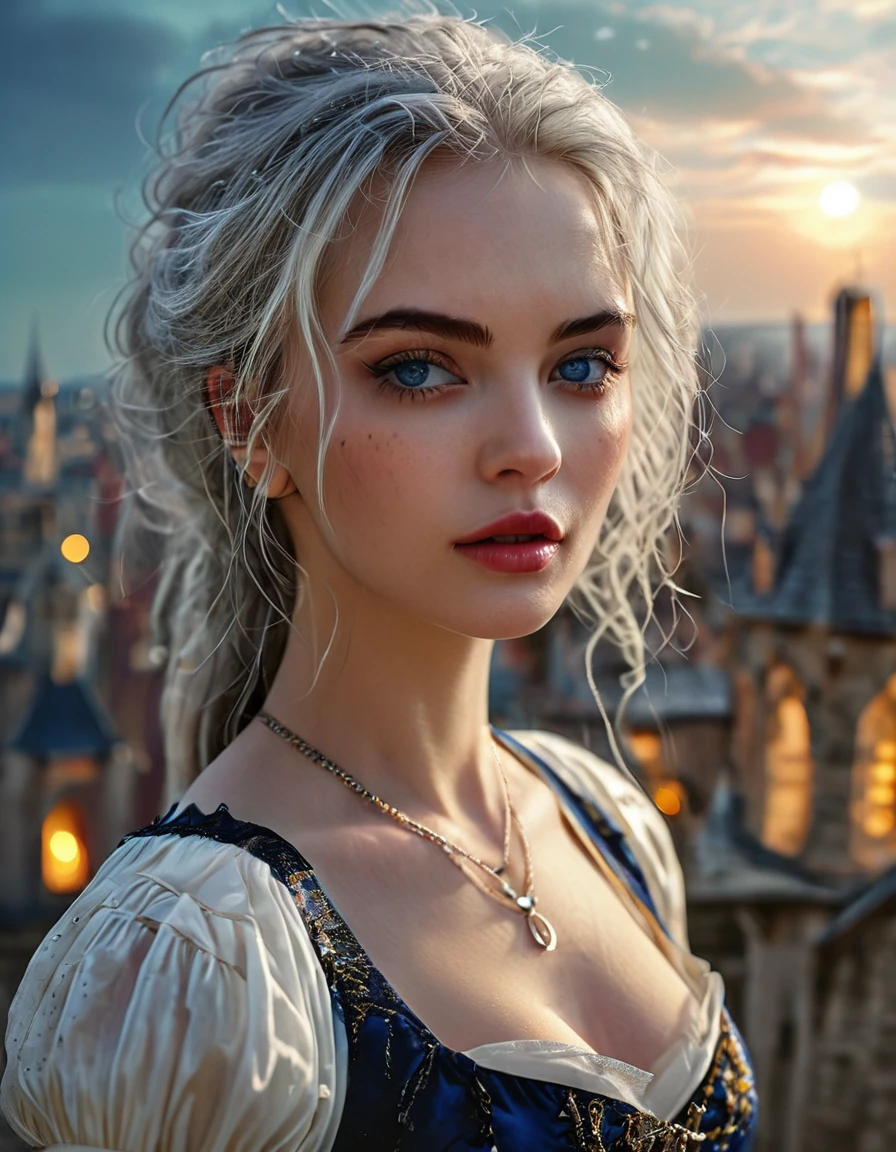 Bombshell beauty, close up of face, young woman, 22 year old woman, young, woman who looks like a model from Paris Fashion Week, silver hair, blue eyes, beautiful detailed eyes, white skin, perfect face, high resolution, sharp focus, ultra detailed, highly detailed, photorealistic artwork, highly detailed CG unity, 8k, wallpaper, vibrant colors, vibrant themes, exquisite, masterpiece, best quality, artistic photography, photo by sldr, exquisite background) perfectly rendered face, perfect facial details, realistic face, photorealistic, exquisite details, realism, vampire fangs, standing on the roof of a medieval castle, full body, painted toes, wide field of view, background is a medieval city, full moon night, black dress