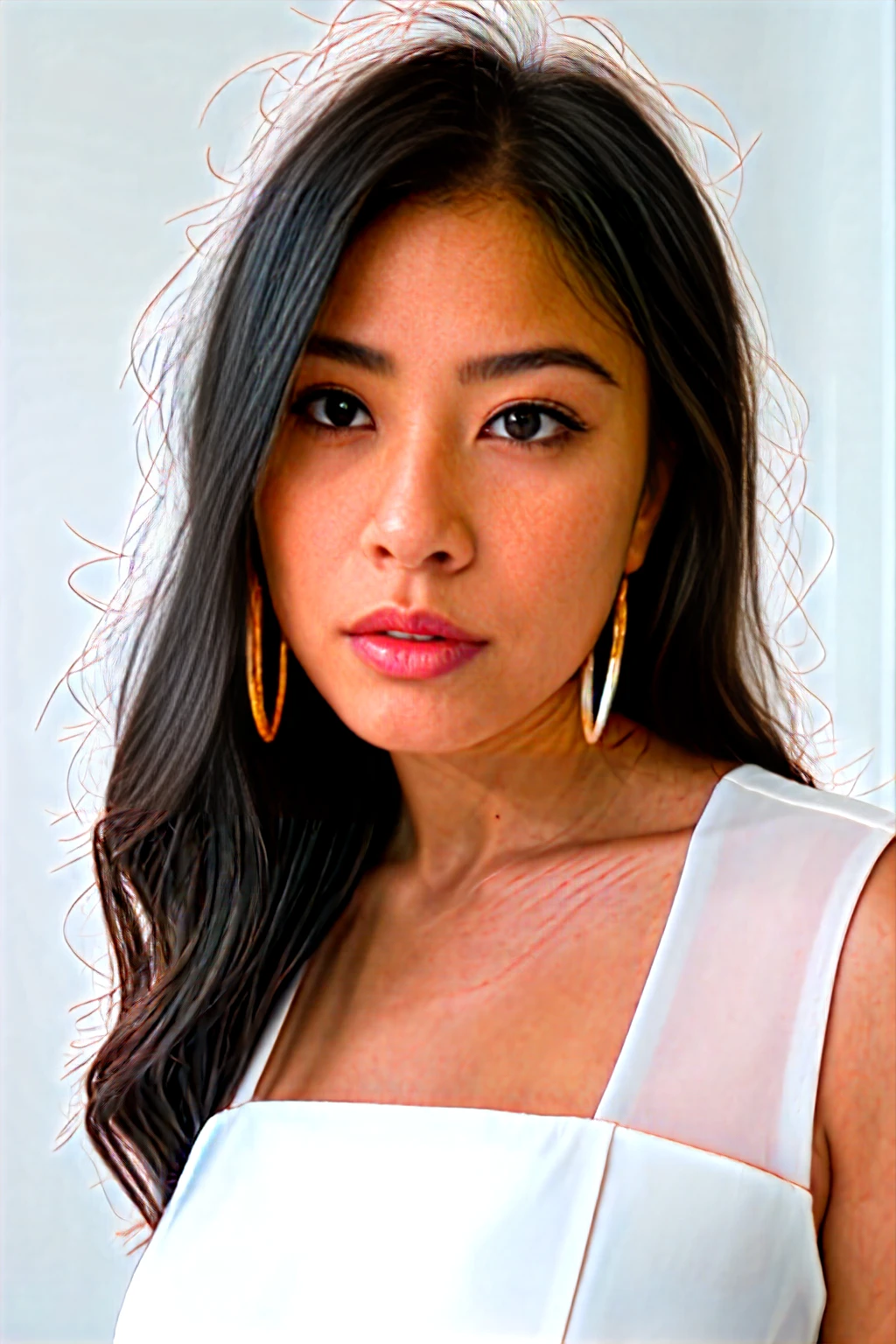 A young 19-year-old woman named Lila Nakamura with a mixed Japanese and Northern European heritage. She has thick dark black eyeliner, glossy lips, and a cute, endearing expression. She has straight, black hair with blonde highlights or a blonde tint that falls just past her shoulders, styled in a neat and polished manner. Her eyes are almond-shaped with a light, striking blue color, accentuated by subtle eyeshadow and mascara. Her skin has a light tone with a natural, fresh look, and she has a few delicate freckles across her nose. She is wearing a simple, professional outfit, consisting of a white blouse and dark jeans, and accessorized with small gold hoop earrings. The background is a neutral studio setting with soft lighting to highlight her features.