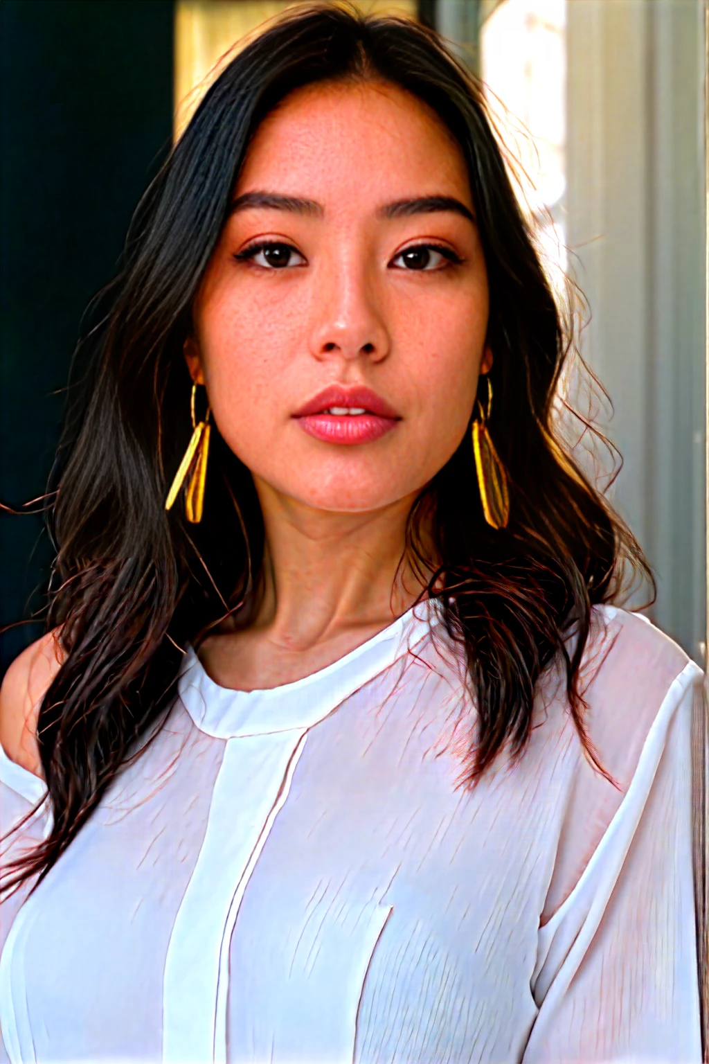 A young 19-year-old woman named Lila Nakamura with a mixed Japanese and Northern European heritage. She has thick dark black eyeliner, glossy lips, and a cute, endearing expression. She has straight, black hair with blonde highlights or a blonde tint that falls just past her shoulders, styled in a neat and polished manner. Her eyes are almond-shaped with a light, striking blue color, accentuated by subtle eyeshadow and mascara. Her skin has a light tone with a natural, fresh look, and she has a few delicate freckles across her nose. She is wearing a simple, professional outfit, consisting of a white blouse and dark jeans, and accessorized with small gold hoop earrings. The background is a neutral studio setting with soft lighting to highlight her features.
