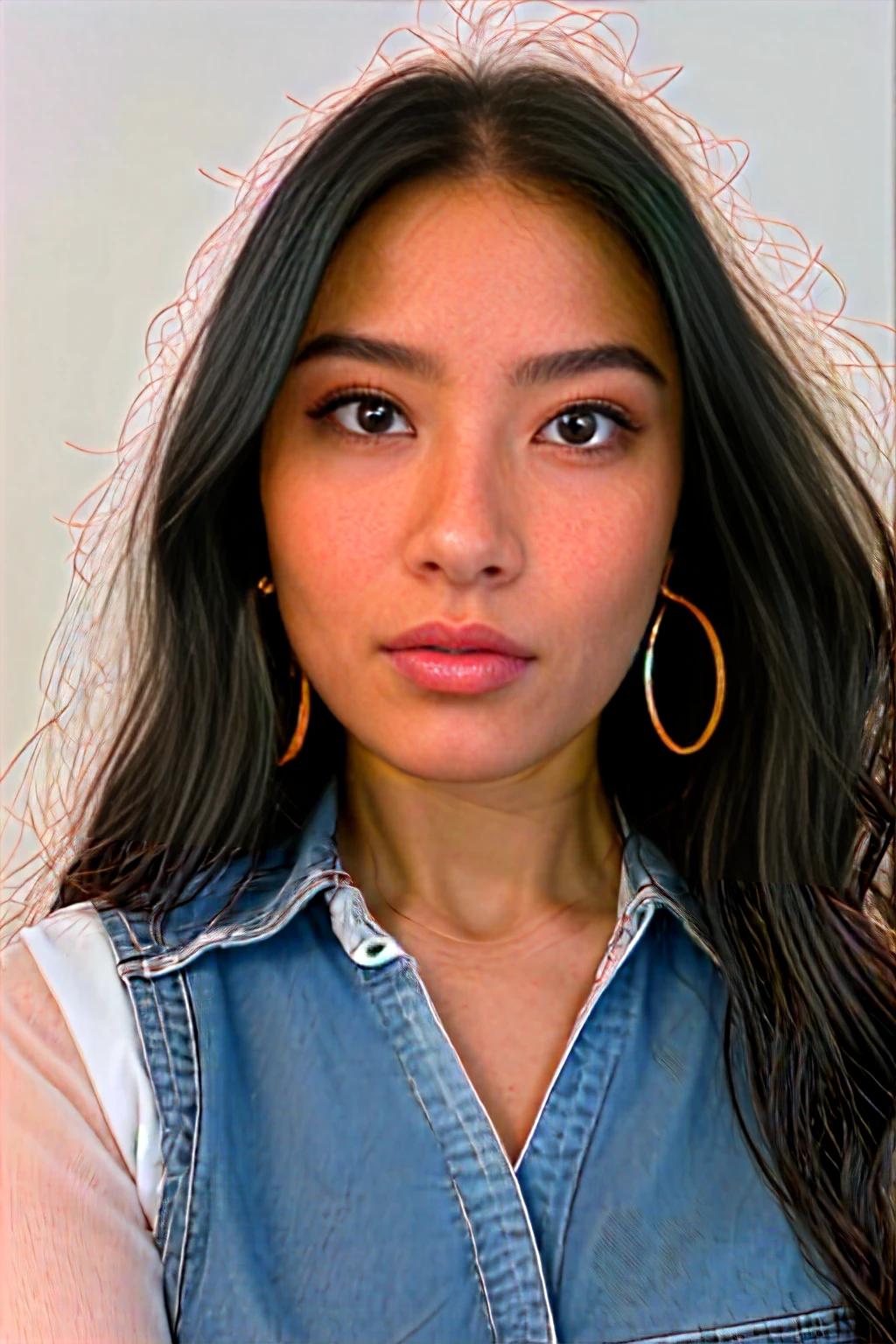 A young 19-year-old woman named Lila Nakamura with a mixed Japanese and Northern European heritage. She has thick dark black eyeliner, glossy lips, and a cute, endearing expression. She has straight, black hair with blonde highlights or a blonde tint that falls just past her shoulders, styled in a neat and polished manner. Her eyes are almond-shaped with a light, striking blue color, accentuated by subtle eyeshadow and mascara. Her skin has a light tone with a natural, fresh look, and she has a few delicate freckles across her nose. She is wearing a simple, professional outfit, consisting of a white blouse and dark jeans, and accessorized with small gold hoop earrings. The background is a neutral studio setting with soft lighting to highlight her features.
