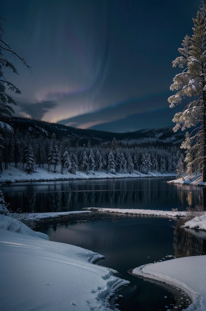 a beautiful snowy landscape in finland at night, dry trees ,a serene frozen lake reflecting the northern lights in the sky, tall pine trees covered in snow, a wooden cabin with warm lighting, (best quality,8k,hyperrealistic,realistic,photorealistic:1.4),highly detailed,intricate details,dramatic lighting,moody atmosphere,vibrant colors,cinematic composition,award winning photo