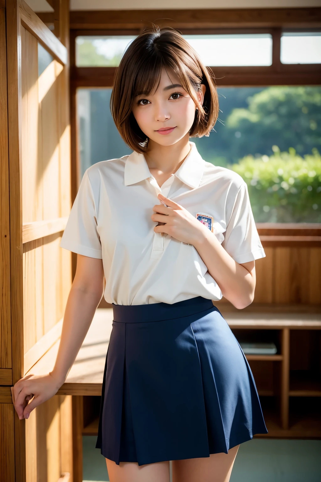 Highest quality, Face Focus, Soft Light, Ultra-high resolution, (Realistic:1.4), RAW Photos, 1 Japanese girl, alone, cute, (A shy smile:0.5), (Brown eyes, Light in your eyes), Beautiful face in every detail, (Small box),(High resolution detail of human skin texture), (Short Bob Hair), break, In the classroom,Navy uniform, Best, skirt