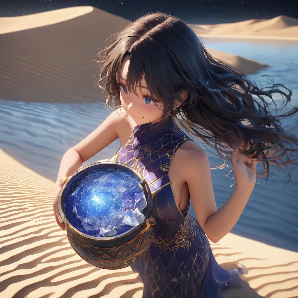 (masterpiece, cute_cartoon_style, octane-render):1.4, magnificent view, far away light,whole surface lake, sand dunes (Tottori:1.3), (sand ripples:0.95), fantastic, gentle breeze, Dazzling Atmosphere, 1 goddess, (detailed large indigo eyes), (holding crystal water pot,put the hands up, perfect hands):1.21, Back view of girl standing on Center of sand dunes, (in Indigo arabesque pattern beige bare_shoulders combination panel dress), dense and delicate clothes, beautiful breasts, wedge sandals, smile, playful, (flinching hair, Detailed black long hair):1.1, beautiful nape, diffused natural skin glow, (subjective perspective), heavenly stars, (dim light, light-shadow symmetry, Faintly emerge from the darkness