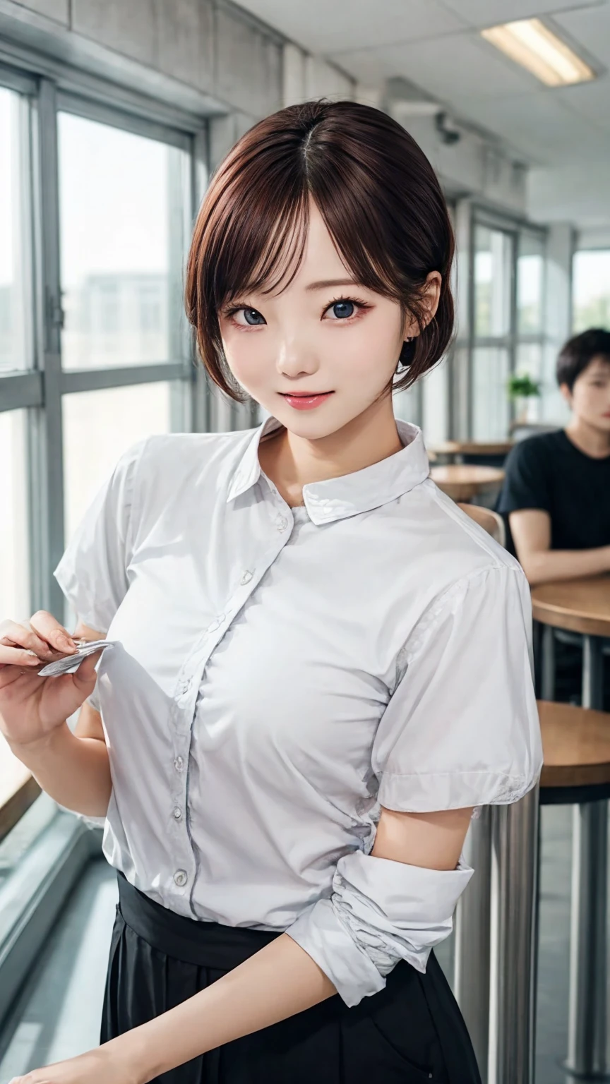 Beautiful young wife in the cafeteria、Super detailed、Particles of light:0.5、Shiny and smooth skin texture、Cheating with the Master、Beautiful clear eyes、Secret Love Affair、Sex in Hiding、、Natural Texture、Short Hair、、Mature slender beauty、Small breasts、Dignified face、Boyfriend Shirt、Man and woman in love