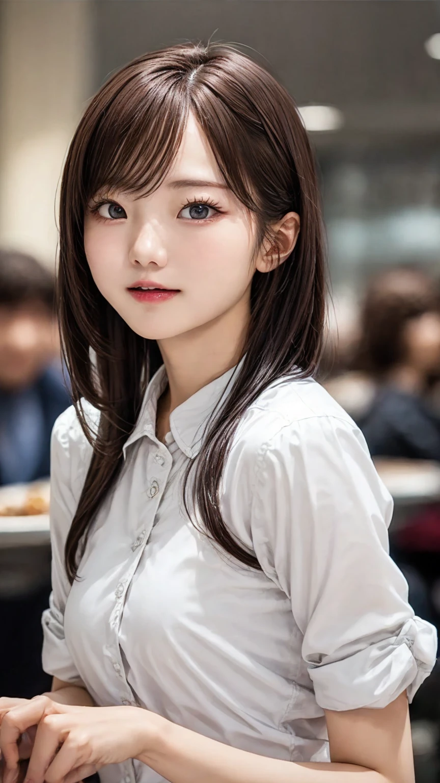 Beautiful young wife in the cafeteria、Super detailed、Particles of light:0.5、Shiny and smooth skin texture、Cheating with the Master、Beautiful clear eyes、Secret Love Affair、Sex in Hiding、、Natural Texture、Short Hair、、Mature slender beauty、Small breasts、Dignified face、Boyfriend Shirt、Man and woman in love