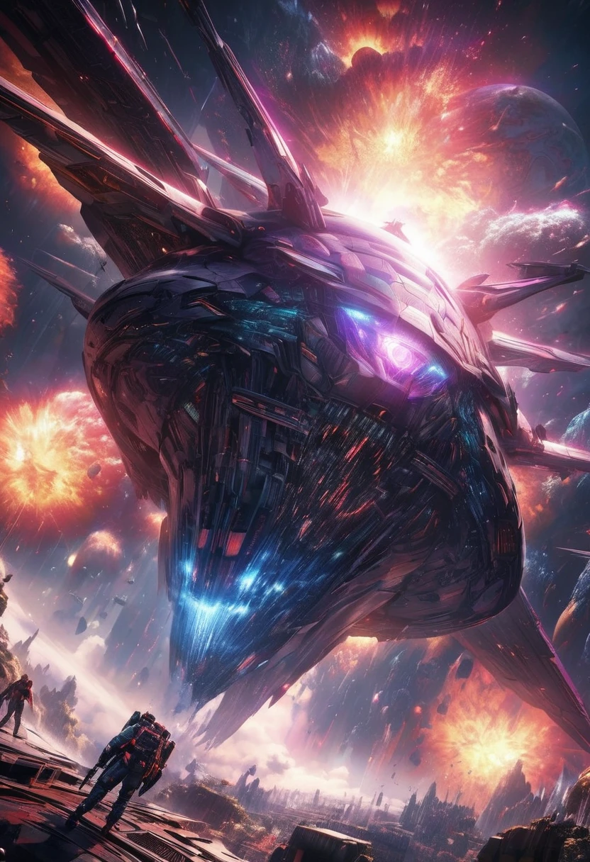a epic intergalactic space war, hyperrealistic, highly detailed, cinematic composition, dramatic lighting, glowing futuristic spacecraft, advanced alien technology, massive planetary bodies, swirling cosmic energy, heroic astronauts in combat, intricate mechanical designs, fiery explosions, towering space stations, dynamic camera angles, vibrant color palette, photorealistic textures, volumetric fog, dramatic tension, sense of scale and grandeur