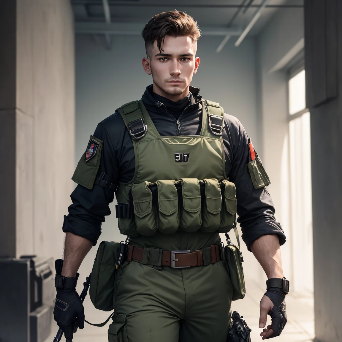 1 man, 25-year old, character of the game Cal of Duty Modern Warfire stands calmly, wearing green camouflage combat suit, (black bulletproof vest: 1.3), black half-gloves, (grenade belt: 1.3), stunning, tall, Dark hair, buzz cut, (full length:1.2), modern warfare