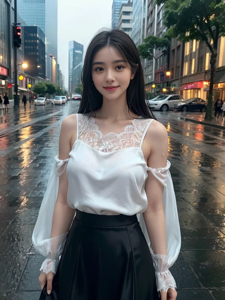 detailed,((best quality, 8K, masterpiece: 1.3)),upper body,dark brown hair, black eye,sharp focus: 1.2, beautiful woman with a perfect body: 1.4, ((Medium Hair, large: 1.2)), (small and beautiful hard (White blouse with lace、darkturquoise silk long maxi- skirt), (wet from rain: 1.2), (rain, street: 1.2), wet body: 1.1, Highly detailed face and skin texture, detailed eyes,White skin,,E cup,smile,Financial district of the big city,Skyscraper,White skin,Beautiful face,Modern skyscraper,