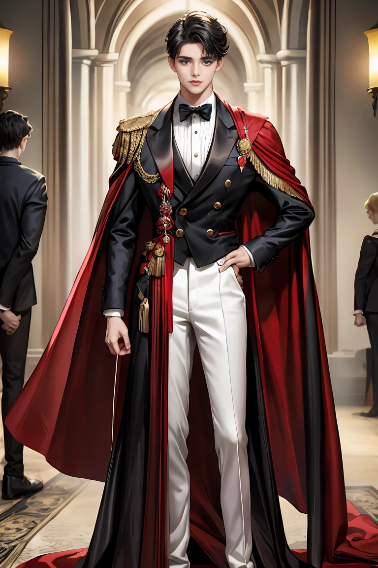 masterpiece, 最high quality, high quality, 1 boy, alone, Male focus, Watching the audience, Messy black hair, Adorable big blue eyes, White people, Noble, Noble,Sexy voluminous black and red cape、Tuxedo、A very voluminous, large, very large, very large, long, long red and black cape with a high stand-up collar, reaching down to the floor, made of a lot of fabric., 17 years old,Cute beautiful boys,Cute, cute, kind, handsome guy