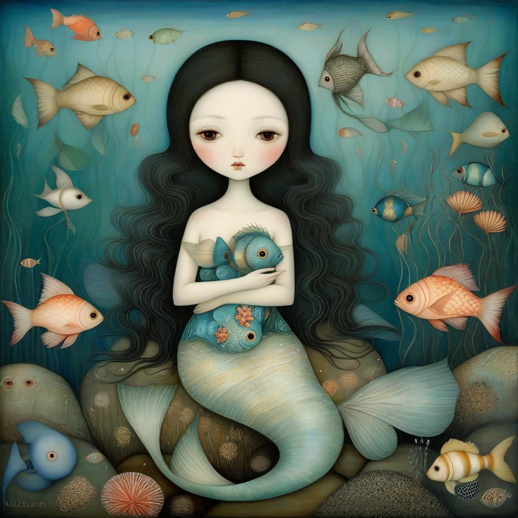 Patchwork by Klimt, Nicoletta Ceccoli, Naoto Hattori, Didier Lourenço, Leonora Carrington. mermaid, long black hair covering her breasts, fishtail with silver scales, lying by the sea. Around her two cats watch her. Sprouting from the ocean behind her are pinwheels of mother-of-pearl and coral.