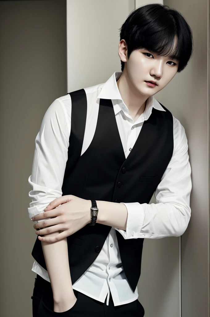 Min yoongi with black vest, White shirt, pale skin, black hair 