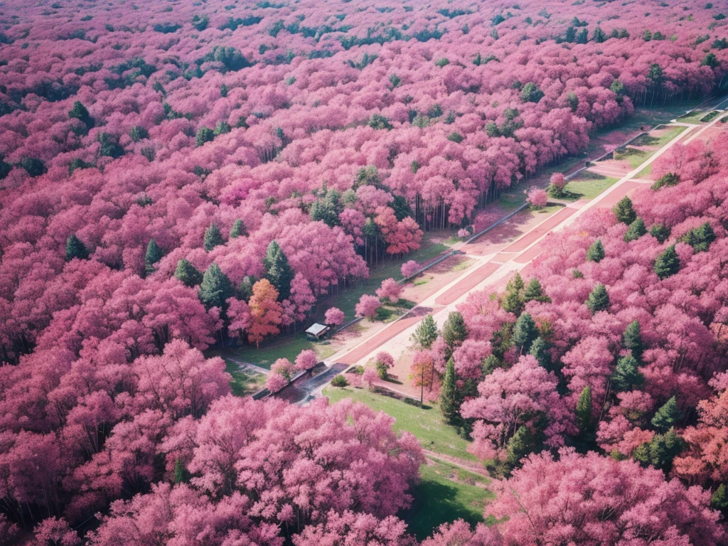 Aerial view,The ground is covered with pink plants,Beautiful colors,Real material,Ultra-detailed scenes,4K,real picture