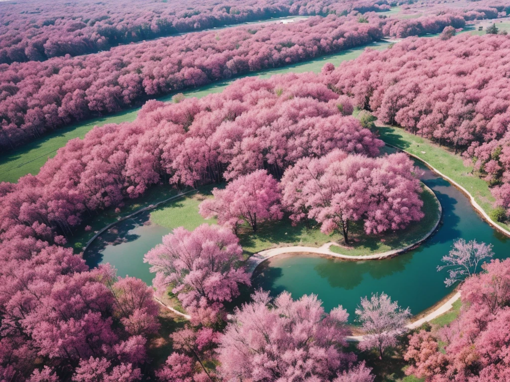 Aerial view,The ground is covered with pink plants,Beautiful colors,Real material,Ultra-detailed scenes,4K,real picture