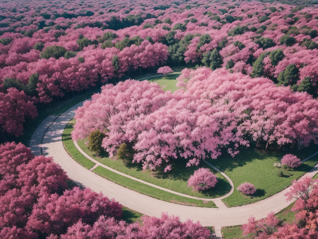 Aerial view，The ground is covered with pink plants，Beautiful colors，Real material，Ultra-detailed scenes，4K，real picture
