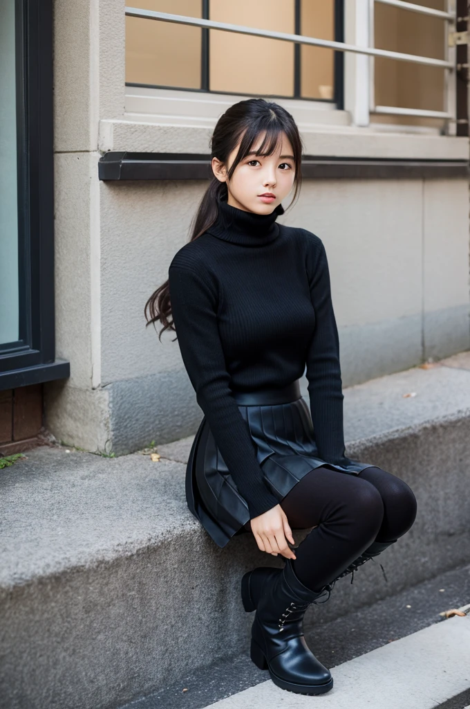 15 years old　Japanese　melancholy　Pleated skirt　　Black turtleneck sweater　Knee-high boots