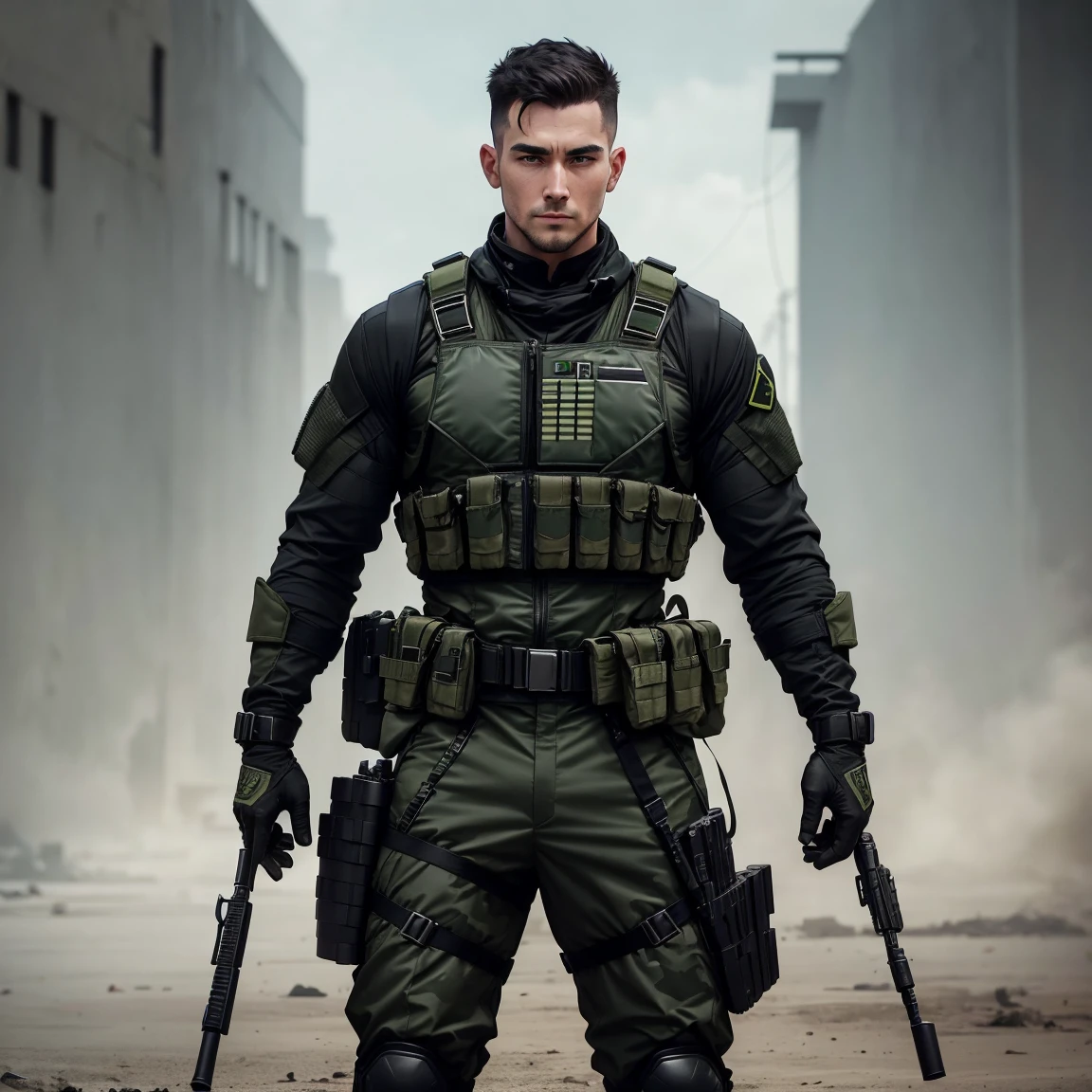 1 man, 25-year old, character of the game Cal of Duty Modern Warfire stands calmly, wearing green camouflage combat suit, (black bulletproof vest: 1.3), black half-gloves, (grenade belt: 1.3), stunning, tall, Dark hair, buzz cut, (full length:1.5), modern warfare