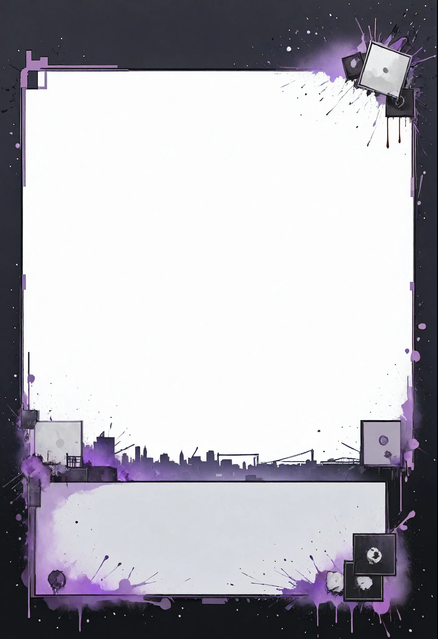 A card border UI，Modern urban minimalist style，Suspense style，Profile Style。Leave a square blank space in the middle，Parchment backing，There are blood stains on it。Black and White、yellowish、Lilac main color。