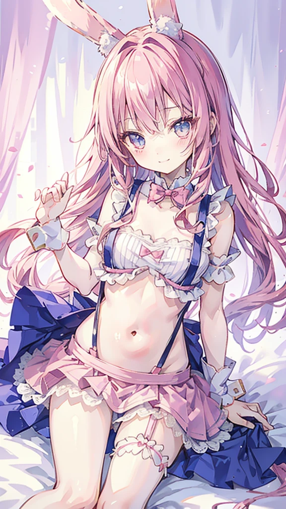 anime style,shota,pink long hair,fluffy bunny ears waitress,
(Reliable blue suspenders for hanging frilly miniskirts),(bare navel and stomach),on bed,smile,