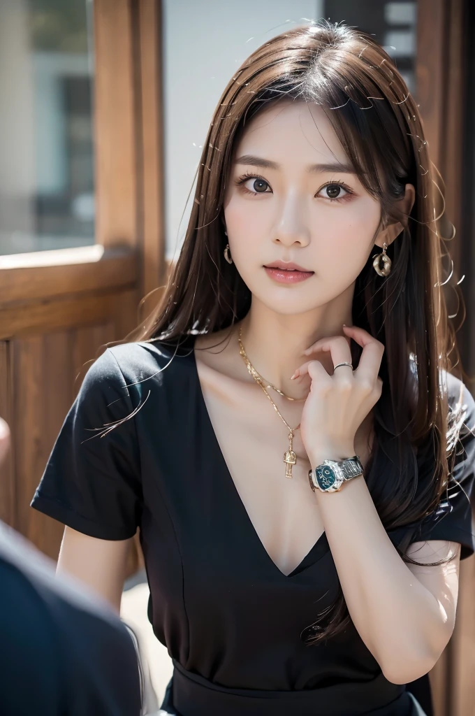 necklace, ring, watch, Earrings, (funeral:1.3), skirt, Black Dress, whole body, slender, 40 year old Japanese, woman, Beautiful face, Highest quality, Ultra-high resolution, (realism: 1.4), Depth of written boundary, Beautiful Face, (Purelos Face_v1: 0.8), Two people, Natural Makeup,