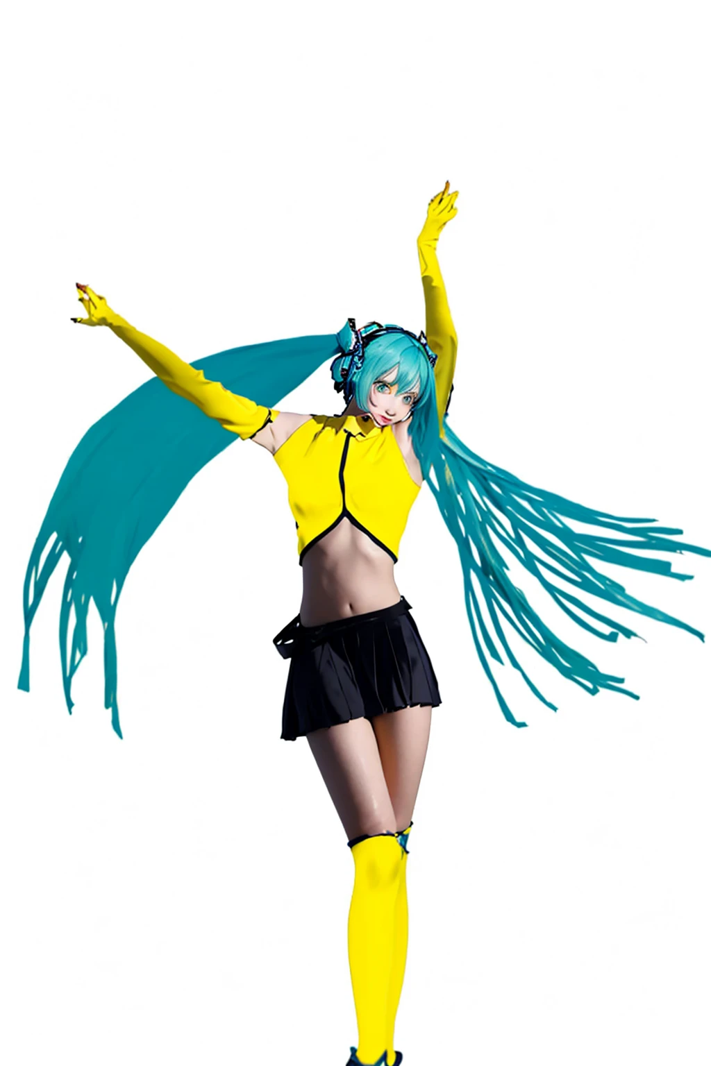 ((Masterpiece)), (best quality), (very detailed), ((very detailed)), 4k, (8k),2 girl,Hatsune Miku, girl with blue hair and yellow top and black skirt, a raytraced image inspired by Rei Kamoi, pixiv contest winner, dada, miku, hatsune miku, pose(arms up + happy), vocaloid, hatsune miku short hair, sona is a slender, frantic dancing pose, yellow and blue and cyan, anime pose