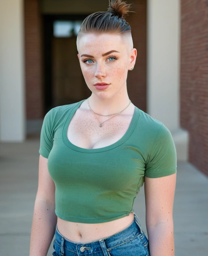 Muscular college girl with large breast and a large butt, blue eyes, pale skin, freckles and a nose piercing with a short slicked back men’s haircut with both sides of her head shaved wearing a green shirt and jean shorts at a college
