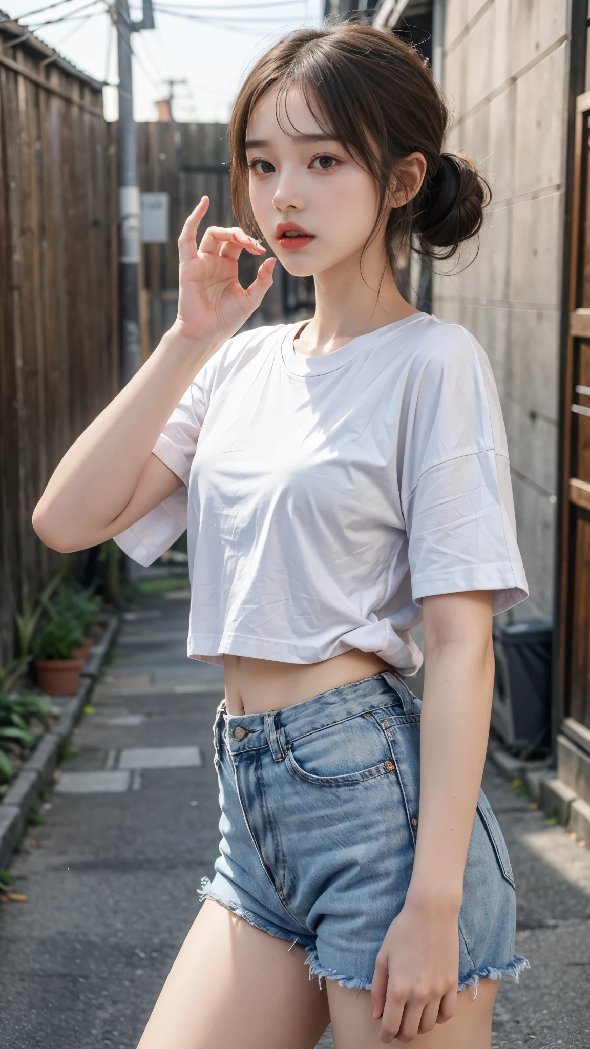 (In the back alley)、( beautiful girl, Baby Face:1erson、((Only wearing an oversized T-shirt:1.3))、Slender body line, Small and slender figure、((A mean look:1.3, blush))、Beautiful breasts, Small beautiful butt, Thin thighs, Short pigtails、(Detailed eyes and face:1.3, Professional photography techniques, Cinema Lighting), (Highest quality, 8K, masterpiece:1.2, RAW Photos), (Photorealism:1.2), (Detailed lips and hands:1.2)