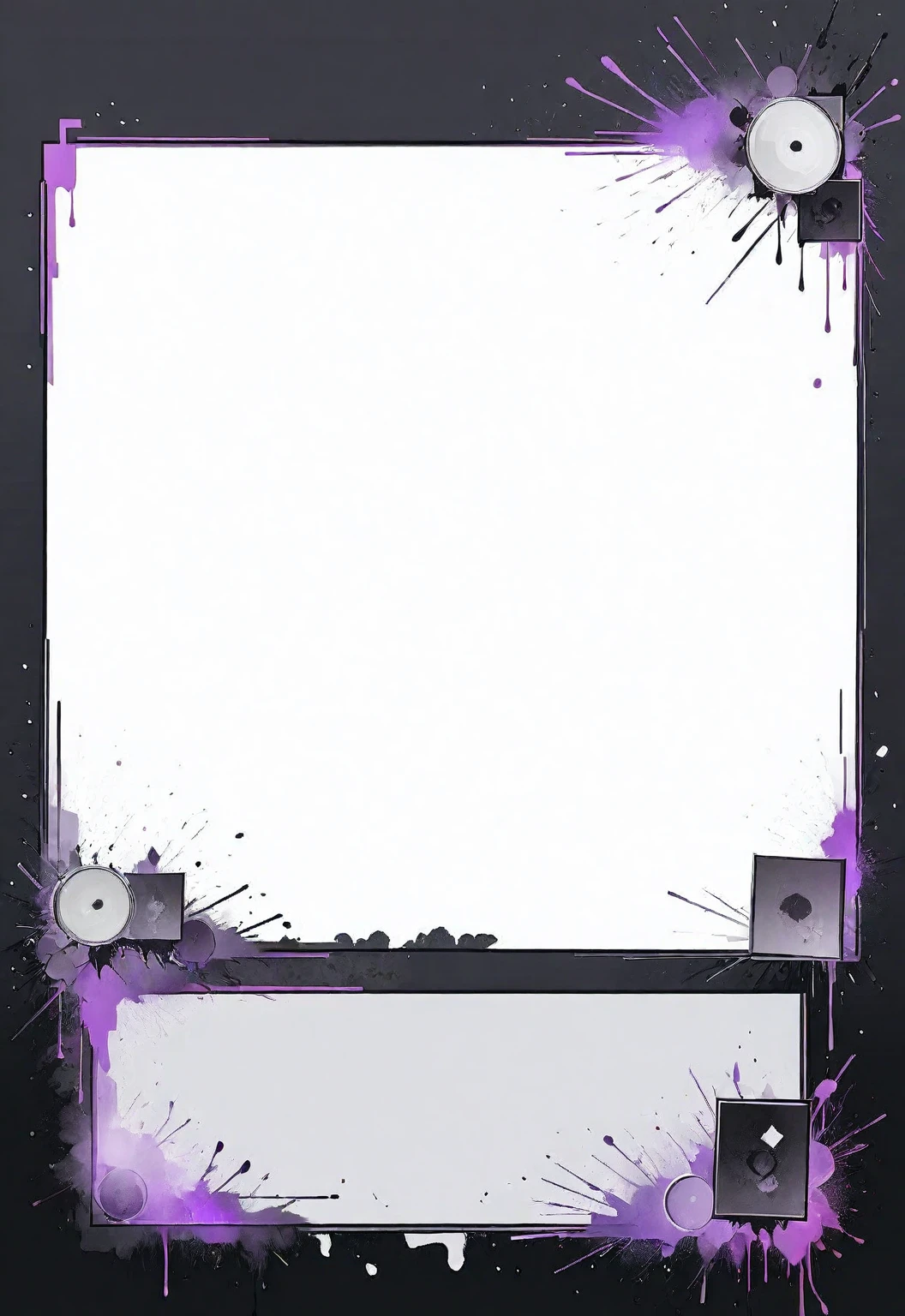 A card border UI，Modern urban minimalist style，Suspense style，Profile Style。Leave a square blank space in the middle，Parchment backing，There are blood stains on it。Black and White、yellowish、Lilac main color。