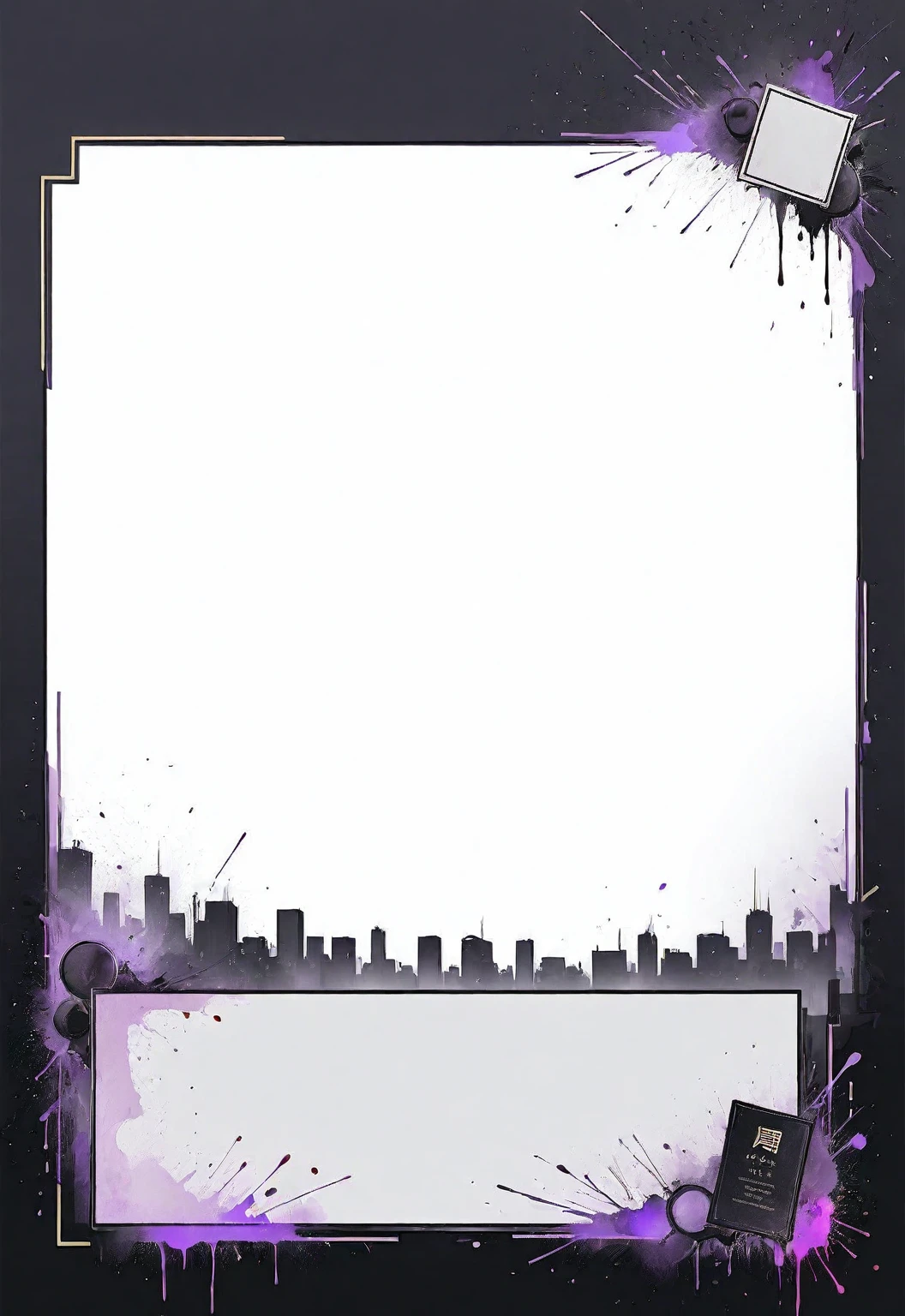 A card border UI，Modern urban minimalist style，Suspense style，Profile Style。Leave a square blank space in the middle，Parchment backing，There are blood stains on it。Black and White、yellowish、Lilac main color。