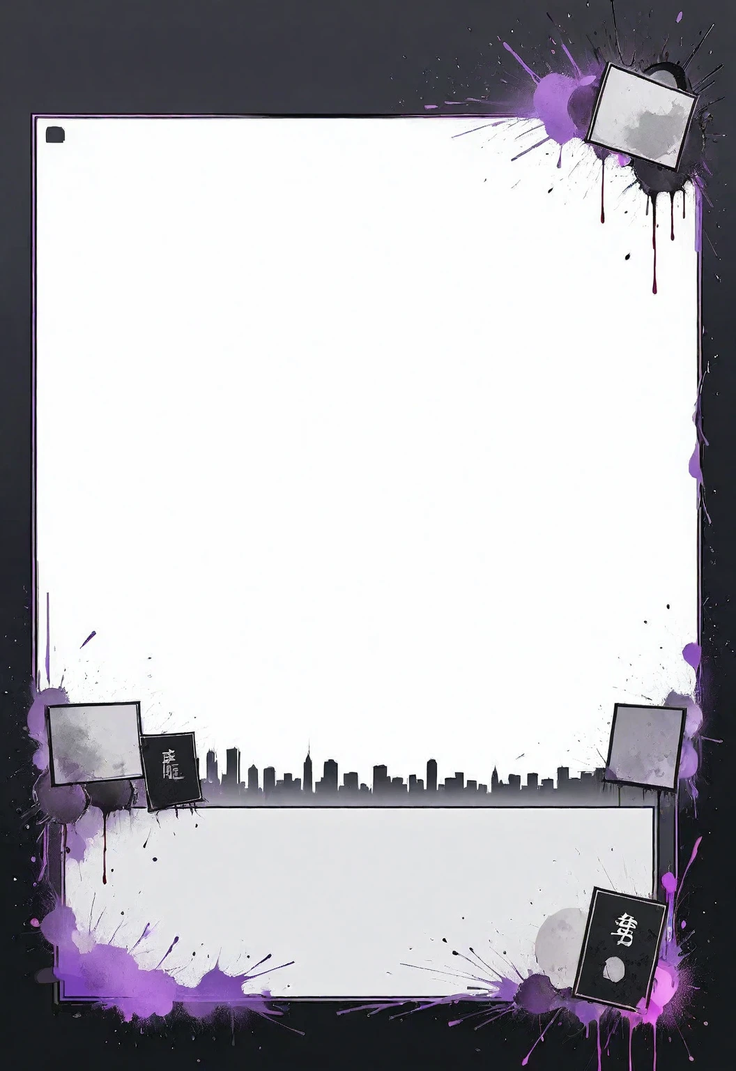 A card border UI,Modern urban minimalist style,Suspense style,Profile Style。Leave a square blank space in the middle,Parchment backing,There are blood stains on it。Black and White、yellowish、Lilac main color。