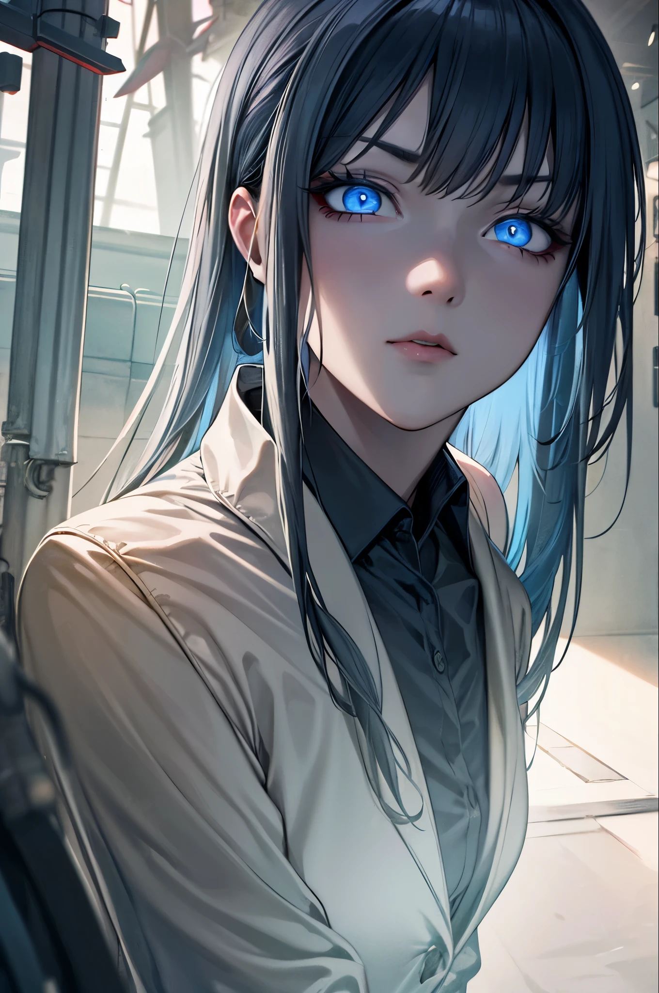 16K, High resolution, RTTX 10.0, Ray Tracing, Natural light, Absurd, Top quality masterpiece, Perfect anatomy and highly detailed face, Fine grain, One girl, alone, Wearing a business suit, shirt, Open the top button, Beautiful Hair, very beautiful, Edgy, nice, Evil Aura, the wind is strong, Glowing Eyes, Serious expression, dystopian city, Futuristic, Detailed Background, Awards, Neon Light, Talked about at the art station
