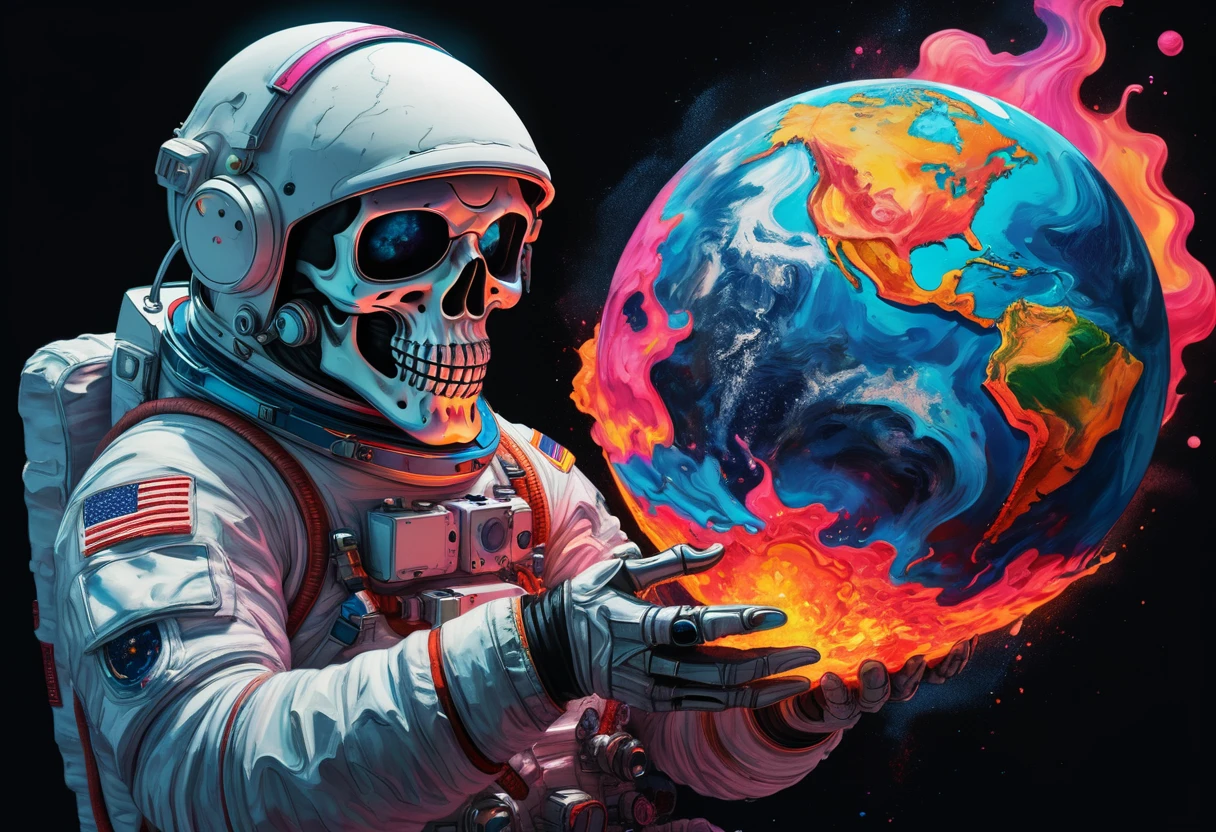3D illustration of an astronaut holding the planet Earth with colorful lava inside, in the style of Peter Max. A Seogyeong grim reaper skull mask is visible on his face against a dark background. The hyperdetailed illustration has a surreal watercolor style with vivid colors and neon blue highlights. A cinematic scene with dramatic lighting in an ultra wide shot as a splash screen with a cool tone
