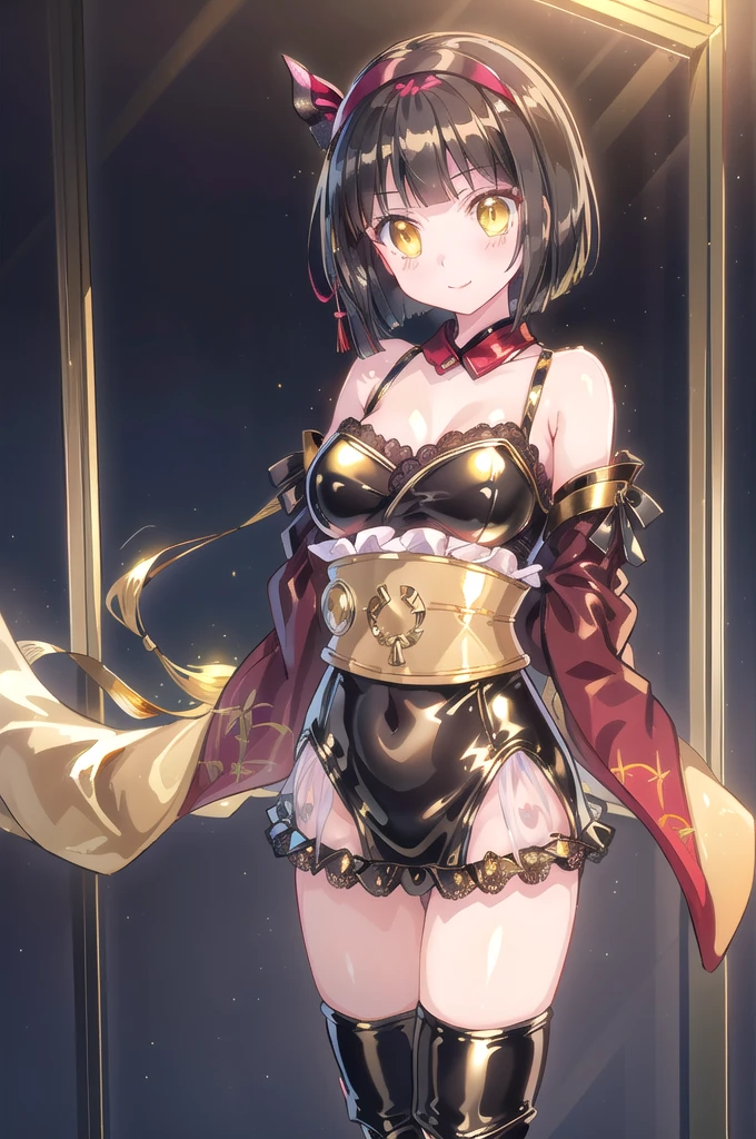 1girl,solo,(standard height),full body,standing,(black hair:1.2),short hair, (red hairband:1.2),hair ornament,(one side red butterfly ribbon),(yellow eyes:1.2),(beautiful fingers:1.6),(perfect anatomy:1.4),(arms_behind_back:1.6),(cold_shoulder:1.2),BREAK,(gold leather lace glossy silk lamé japanese clothes:1.6),(gold kimono:1.4),(gold leotard:1.4),(latex luster shiny glossy metallic:1.6),(shiny_clothes:1.6),medium breasts,beautiful breasts,(masterpiece),best quality,(Ultra high definition eyes:1.2),8k,(Beautiful detailed eyes:1.2),(Fine and beautiful eyes:1.2),(pretty eyes:1.2),finely detail,extremely CG, absurdres,high resolution,illustration,Detailed and beautiful outlines,finely detail,high resolution,(colorful refraction:1.4,Increase saturation:1.2),beautiful lighting,dynamic lighting,closed room,black background,simple background, smile,looking at viewer,mio,gtold gloves,spider web print,sash,obi,(gold thigh boots:1.4),(white Clear PVC sheets sleeves:1.4),(sheer sleeves:1.4),(see-through sleeves:1.4),(wide sleeves:1.2)