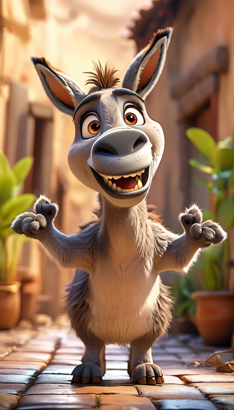 cute donkey, cartoon , arms, hands ,cute eyes, looking at viewer, arms up, dirty background, dirty