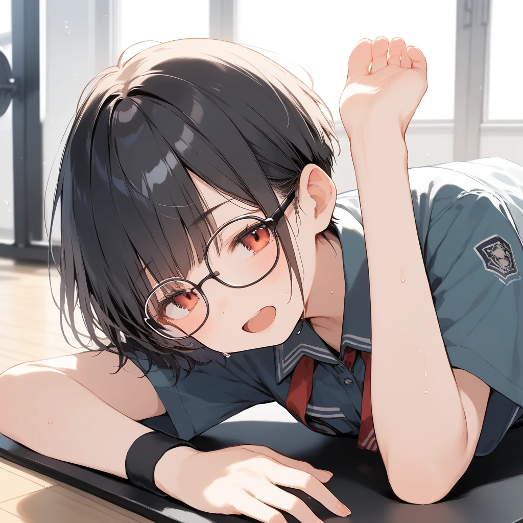 score_9, score_8_up, score_7_up, source_anime, best quality, masterpiece, official art, absurdres, highres, ultra-detailed,waifu2x,Collection: Slice of Life,break,1girl, very short hair,pixie cut, long bangs, glasses, uniform, small breasts, sweat, open mouth, (wavy mouth:0.3), indoors, gym, stretching, summer, break,(clear line illustration:1.2),very high resolution, very aesthetic, super detailed skin, Best sexual lighting powered by famous artist, 8k,cute picture,beauty illustration,photoshop_(medium),,(Detailed Lighting),best anime 8k konachan wallpaper, pixiv contest winner,
