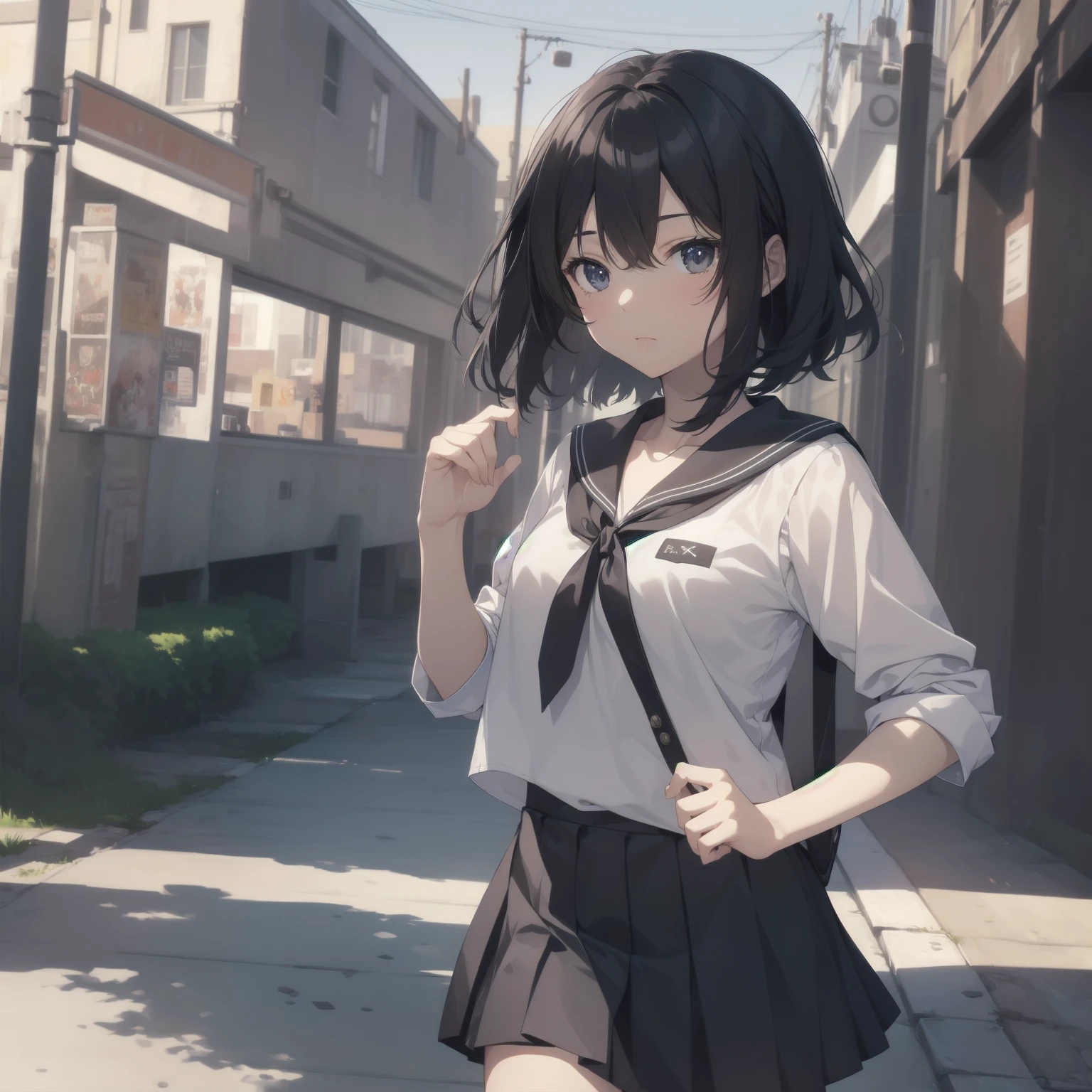 ultra-absurdres-Top quality by artist God, ultra-detailed, high resolution, anime moe artstyle, best anime 8k konachan wallpaper, pixiv contest winner, pool:2810, perfect anatomy,break, 1girl, (Please draw a girl walking sleepily to school alone. )break,(Solo,little female, 13-year-old:1.3),Full limbs, complete fingers,a junior high school student, (very short hair), short cut, flat chest, , small butt, small black eyes, beautiful detailed eyes, well-proportioned iris and pupils, expressive eyes, highres detailed hair, soft expression, salor school_uniform, sailor collar, serahuku, bow, pleated skirt,(Detailed Lighting), (Detailed background), in the School commute route. break,super detailed skin, Best cinematic lighting powered by famous artist, 8k,beauty illustration,photoshop_(medium),very aesthetic,break,((artist:kitsunerider )), artist:clamp ,artist:carnelian ,artist:kantoku ,