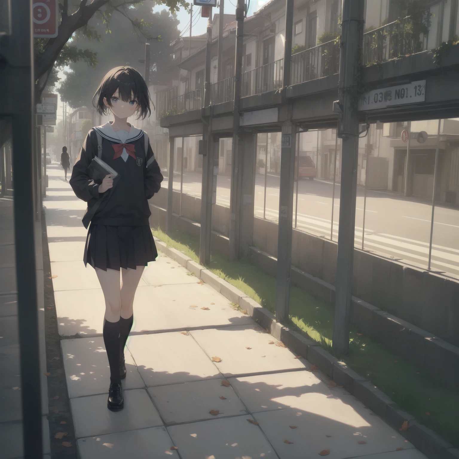 ultra-absurdres-Top quality by artist God, ultra-detailed, high resolution, anime moe artstyle, best anime 8k konachan wallpaper, pixiv contest winner, pool:2810, perfect anatomy,break, 1girl, (Please draw a girl walking sleepily to school alone. )break,(Solo,little female, 13-year-old:1.3),Full limbs, complete fingers,a junior high school student, (very short hair), short cut, flat chest, , small butt, small black eyes, beautiful detailed eyes, well-proportioned iris and pupils, expressive eyes, highres detailed hair, soft expression, salor school_uniform, sailor collar, serahuku, bow, pleated skirt,(Detailed Lighting), (Detailed background), in the School commute route. break,super detailed skin, Best cinematic lighting powered by famous artist, 8k,beauty illustration,photoshop_(medium),very aesthetic,break,((artist:kitsunerider  )), artist:clamp ,artist:carnelian ,artist:kantoku ,
