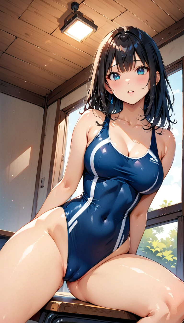 (Highest quality:1.2, Manga works, Manga style, Very detailed, Latest, Vibrant, digital coloring, High Contrast, masterpiece:1.2, Highest quality, Best aesthetics, There is), ((( 1 female:1.2)))、Black Hair、Random hairstyle、Random Face、Realistic navy blue swimsuit、Closed neck one-piece swimsuit、swimwear for racing、Beautiful thighs, Open your mouth, Sensual look、Hollow Eyes、Voluptuous bust、Camel Toe、On a desk in the classroom、From below、Nice body、upright、