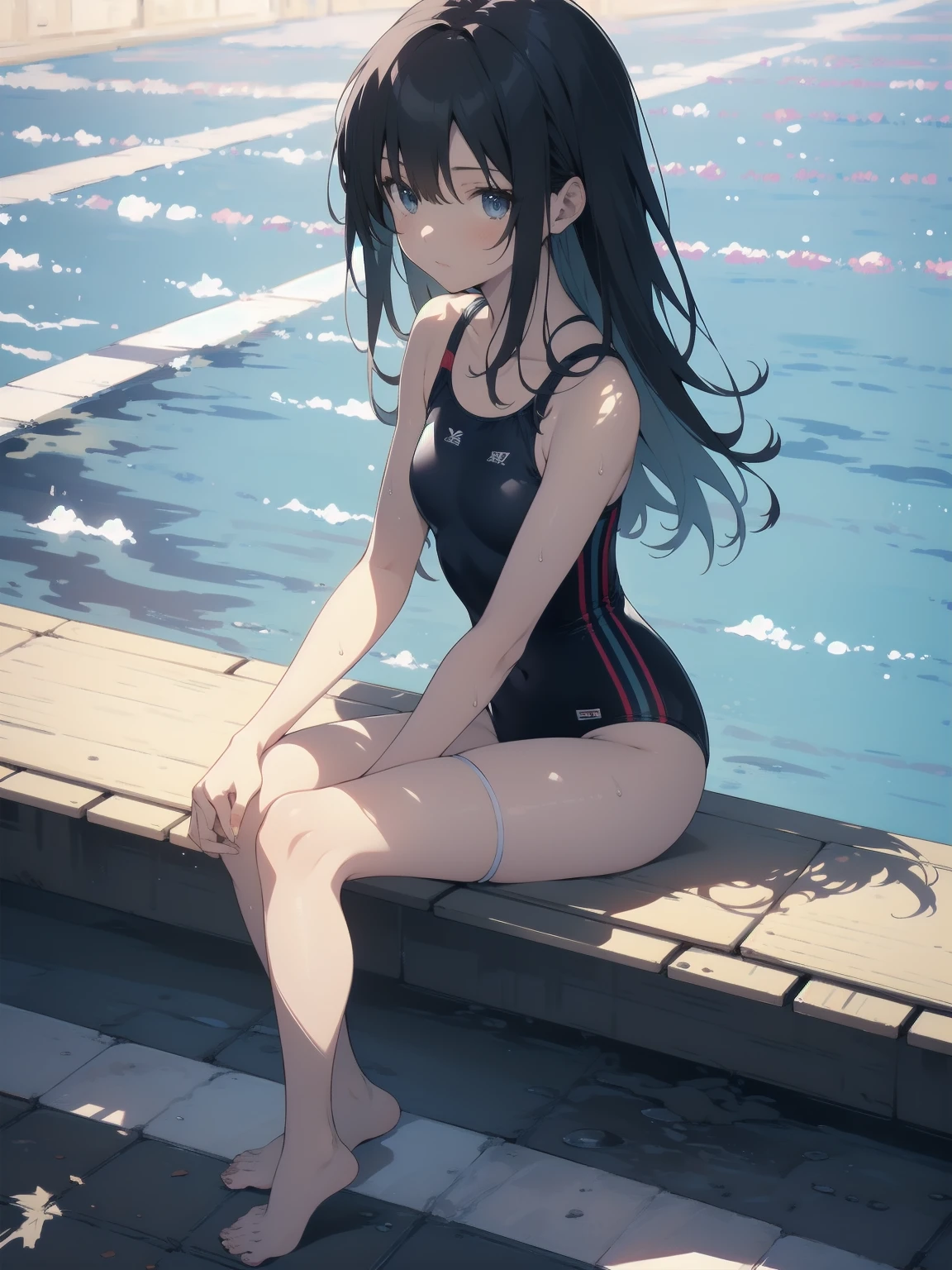 ultra-Top-quality by art God, ultra-detailed, high resolution, shinkai makoto style, anime moe artstyle, best anime 8k konachan wallpaper, pixiv contest winner, perfect anatomy, break,(Please draw a picture of a girl in a swimsuit sitting on a bench by the poolside alone.),break, a hyperrealistic school girl, parted lips, (Solo,ta, kid, 13-year-old:1.3),Full limbs, complete fingers, androgynous charm, very long hair, wet hair, small breasts,slender body, Small butt, groin, Small black eyes,hanme,beautiful detailed eyes, well-proportioned iris and pupils, sleepily, highres detailed hair, swimsuit, wet swimsuit, bare shoulders, thighs, in the school pool. break,super detailed skin, shiny skin, Best lighting powered by famous artist, 8k, illustration,UHD, textured skin,break,((artist:toosaka_asagi )), artist:clamp ,artist:carnelian ,artist:kantoku ,