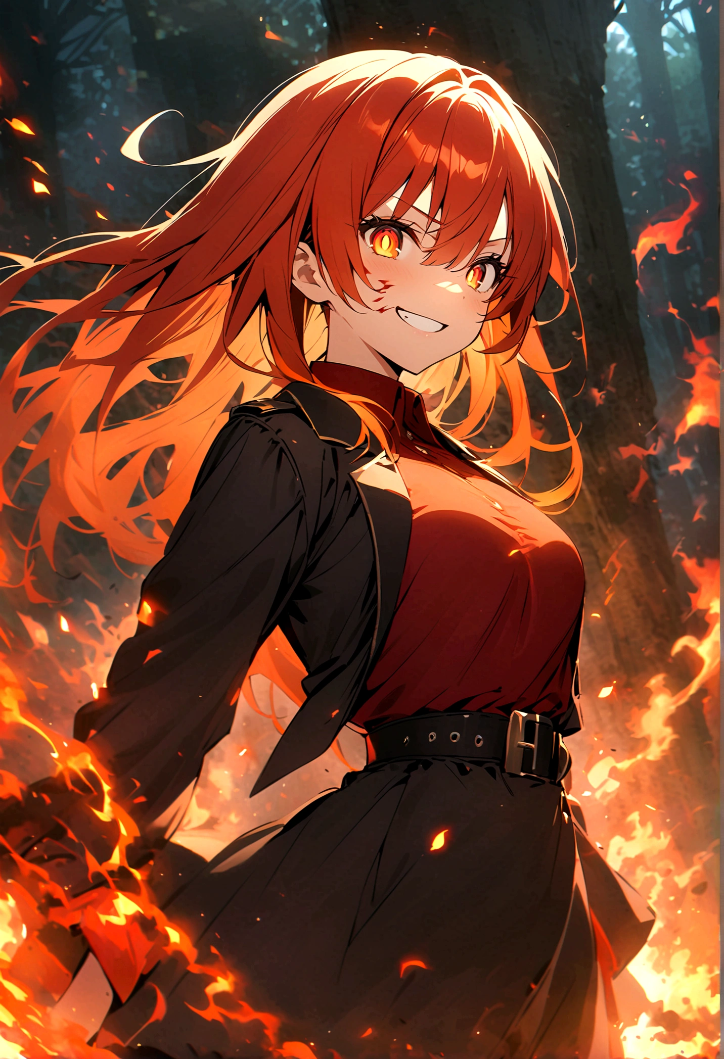 Anime girl with long red hair mixed with orange hair wearing red shirt and black jeans with black belt and a black tall coat as she has a scary smile on her face her orange eyes has red sun pupils as she's surrendered by flaming chains as there's a lot of fire in the face as she keeps a scary smile as the forest is on fire as she's holding flaming chains and there's a lot of flaming chains around the area
