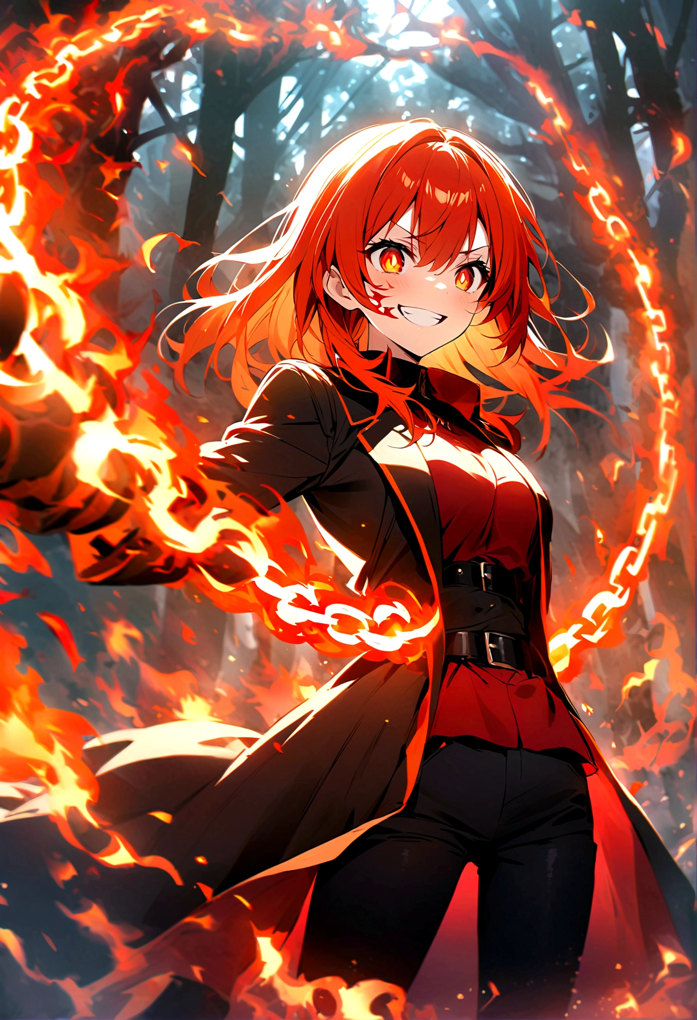 Anime girl with long red hair mixed with orange hair wearing red shirt and black jeans with black belt and a black tall coat as she has a scary smile on her face her orange eyes has red sun pupils as she's surrendered by flaming chains as there's a lot of fire in the face as she keeps a scary smile as the forest is on fire as she's holding flaming chains and there's a lot of flaming chains around the area