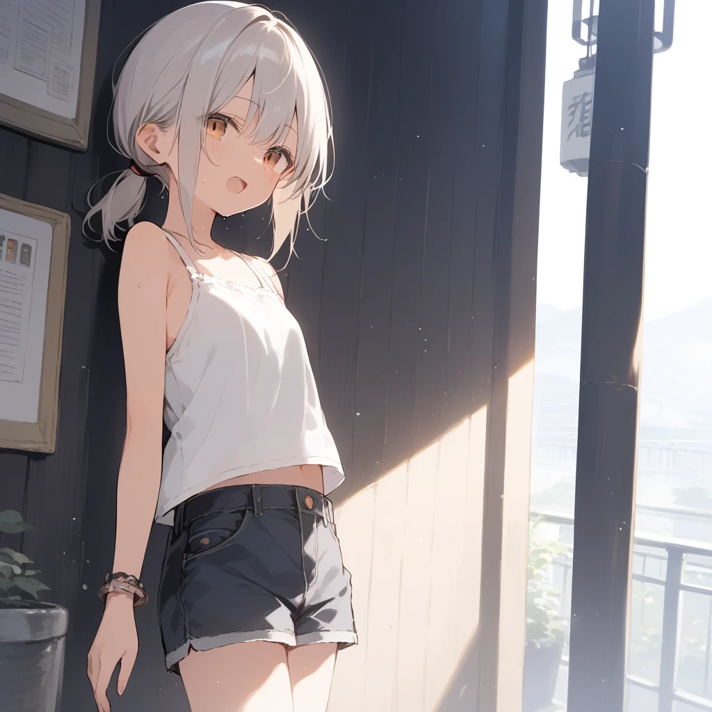 score_9, score_8_up, score_7_up, source_anime, best quality, masterpiece, official art, absurdres, highres, ultra-detailed,waifu2x,Collection: Slice of Life,break,1girl, tomboy, dark-skinned female, short hair, low ponytail, flat chest, beautiful detailed eyes, short shorts, sweat, open mouth, (yawn:0.3), sleepily, outdoors, wind, break,(clear line illustration:1.2),very high resolution, very aesthetic, super detailed skin, Best sexual lighting powered by famous artist, 8k,cute picture,beauty illustration,photoshop_(medium),,(Detailed Lighting),best anime 8k konachan wallpaper, pixiv contest winner,