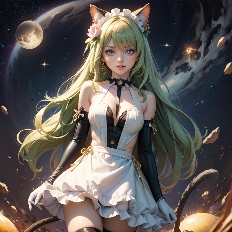 1girl, white maid dress, jewelry, green hair, flowing hair, long hair, maid dress with a short skirt and layers, white laces, white boots, white dress with transparency, gold details on her clothes, cat ears, animal ears, more details, perfectly body, perfectly hands, two hands, two legs, two arms, five fingers, glowing hair, best quality, cat ears, animal ears, tail ornament, tail bow, white gloves, two cat tail, white gloves, alone, maid headdress, choker, detached sleeves, maid dress, maid white dress, strapless, masterpeice, best quality, detailed face, night, asymmetrical gloves, bangs, white short skirt , white gloves, white boots, earrings, elbow gloves, fishnet thighhighs, fishmasterpeice, solo, best quality, detailed face, gloves, green eyes, green hair, hair between eyes, jewelry, long hair, looking at viewer, single earring, sky, sleeveless, solo, thigh boots, thighhighs, tongue, tongue out, uneven gloves, cat ears, animal ears, cat tail, , solo, alone, Looking at the viewer, More details on the clothes, white roses on her hair, space scenery, maid, maid dress, green details, white roses, maid headdress, maid apron, purple hair, long hair, seat on the Saturn rings, more details on her clothes, gold details on her clothes, space, smiling, standing her hand to a viewer, looking at the viewer, in the background a several asteroids glowing with fiery auras, Dramatic lighting from distant stars and planets illuminates the scene, looking at the vast and mysterious universe, cowboy shot, upper body portrait, more details, sparkle,