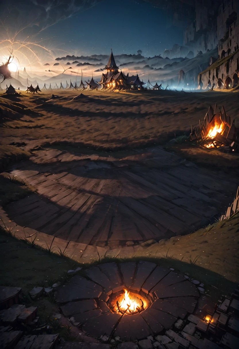 A lone knight sitting on the ground, a bonfire in the middle of the night, a view of the moon, a broken, abandoned village, fantasy, brown era, wooden buildings
