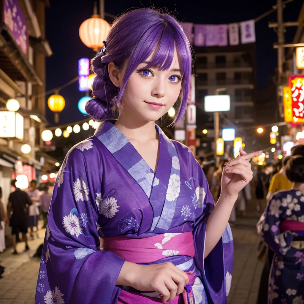 Half-up Purple hair Blue eyes Yukata Night Festival