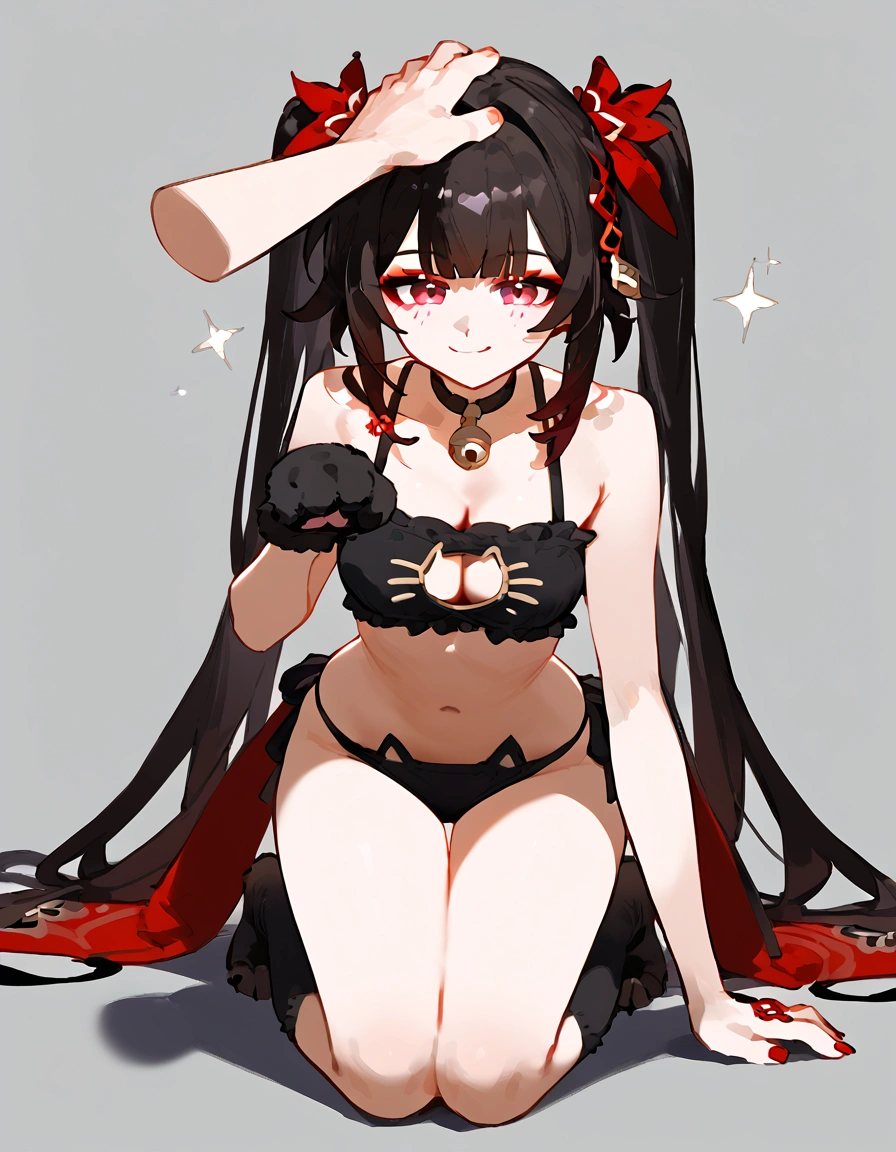 anime artwork, score_9, score_8_up, score_7_up, score_6_up, score_5_up, score_4_up,sparkle \(honkai: star rail\),1girl, twintails, black hair, medium , red eyes, red eyeshadow, ,
, , , , she is 24 years old, , ,horny, style_3, ,,, floox style, grey background,headpat,black cat lingerie, disembodied hand, petting, ,smile, black paw gloves, paws, on knees, cat socks,naughty_face , paw pose