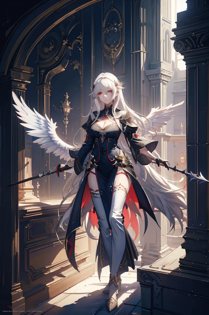 (very delicate, Masterpiece, Excellent lighting and shadows, HD wallpaper 8K), woman, , white hair, red eyes, has big angel wings, wide hips, Medium bust, wearing a goddess costume, holding a long spear of light, on the rooftop, Star Aura.