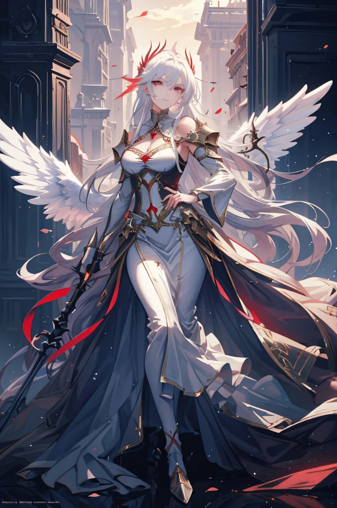 (very delicate, Masterpiece, Excellent lighting and shadows, HD wallpaper 8K), woman, 16 years old, white hair, red eyes, has big angel wings, wide hips, Medium bust, wearing a goddess costume, holding a long spear of light, on the rooftop, Star Aura.