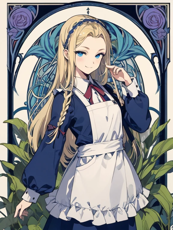 masterpiece, Highest quality, Very detailed, 16K, Ultra-high resolution, Cowboy Shot, Alice in Wonderland, (Art Nouveau:1.4), 10-year-old girl, Detailed face, Mischievous Smile, blue eyes, Blonde, Braiding, Long Hair, Ribbon on head, Blue clothes, Plain white apron, 大きなclockのある部屋で, clock, 壁clock