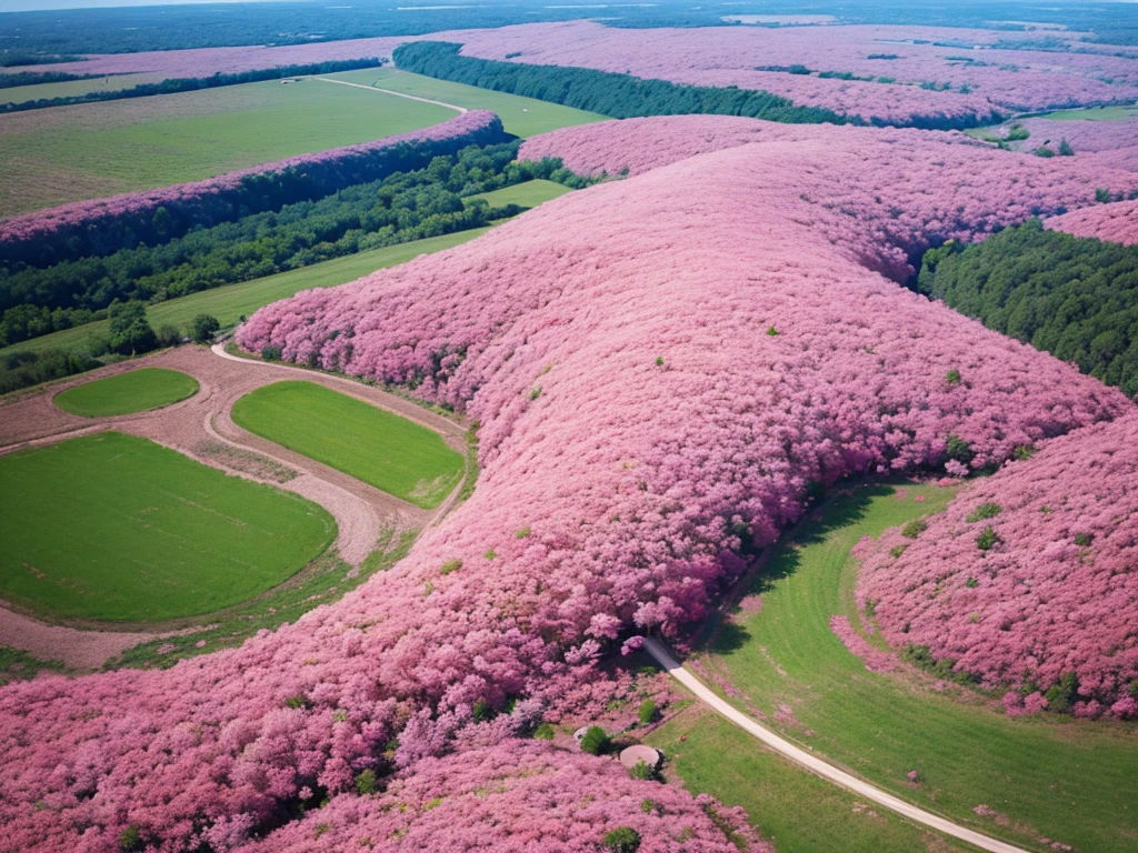 Aerial view,The ground is covered with pink plants,Beautiful colors,Real material,Ultra-detailed scenes,4K,real picture