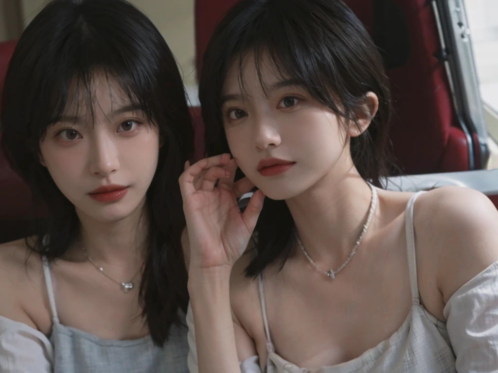 Film portrait photography, 2 girls, Bare shoulders,Lipstick,(flat chest:1.4), Wear a necklace,Cute expression,Exquisite makeup,Red suspenders,serene, calm, (Realistic and detailed eyes, Natural skin texture, Realistic facial details), Big breasts:1.6,Big Breasts,Soft dramatic lighting, Depth of Field, Bokeh, Vibrant details, Detailed and detailed, Surreal, 35mm film, hazy, ,